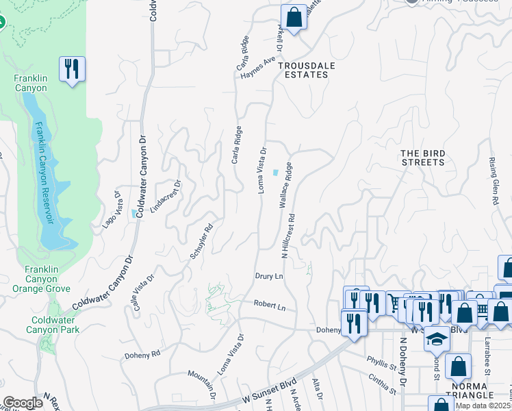 map of restaurants, bars, coffee shops, grocery stores, and more near 1061 Loma Vista Drive in Beverly Hills
