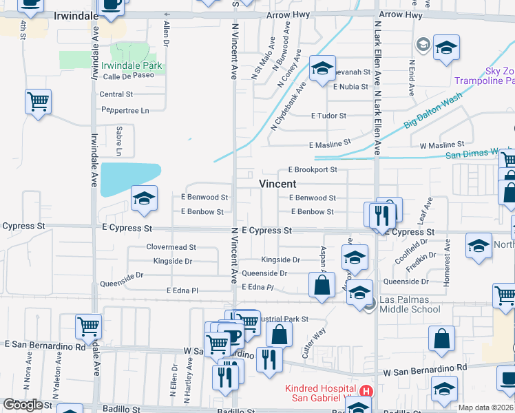 map of restaurants, bars, coffee shops, grocery stores, and more near 4639 North Trujillo Drive in Covina