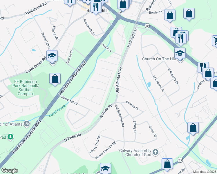 map of restaurants, bars, coffee shops, grocery stores, and more near 1241 Pine Acre Drive Northeast in Sugar Hill