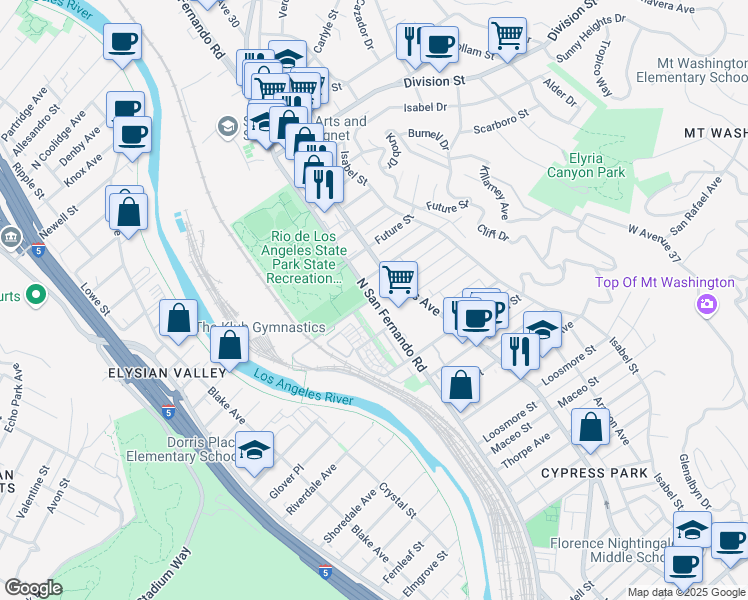 map of restaurants, bars, coffee shops, grocery stores, and more near 1545 North San Fernando Road in Los Angeles