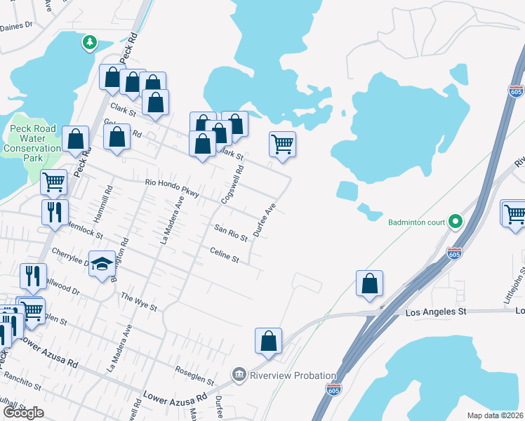 map of restaurants, bars, coffee shops, grocery stores, and more near 5415 Durfee Avenue in El Monte