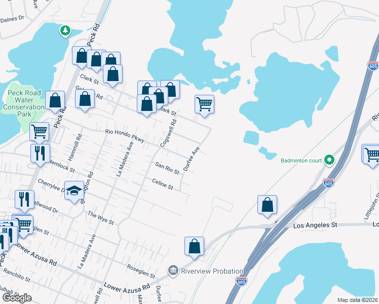 map of restaurants, bars, coffee shops, grocery stores, and more near 5415 Durfee Avenue in El Monte