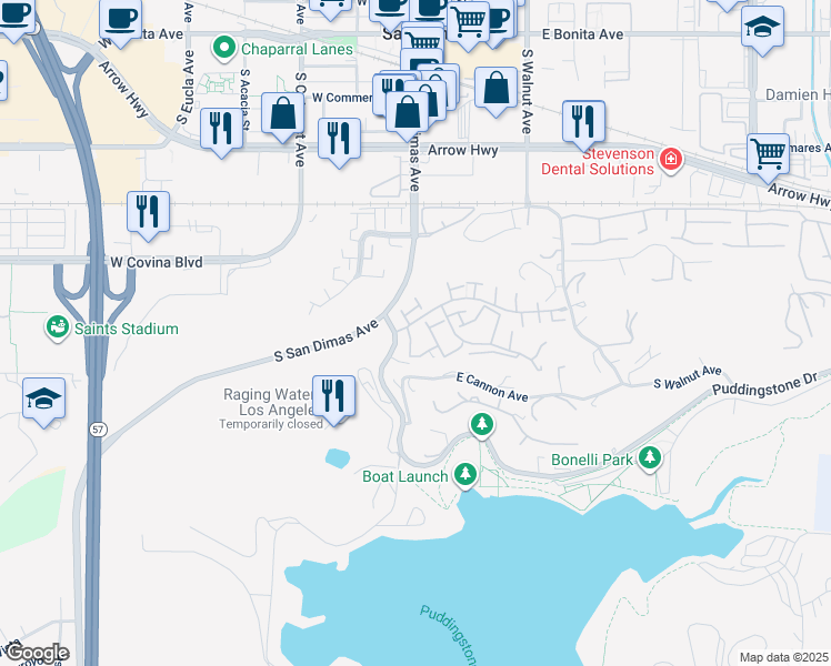 map of restaurants, bars, coffee shops, grocery stores, and more near 714 Briarwood Lane in San Dimas