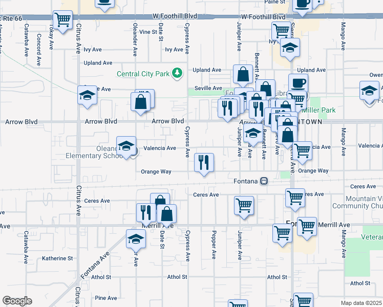 map of restaurants, bars, coffee shops, grocery stores, and more near 8621 Cypress Avenue in Fontana