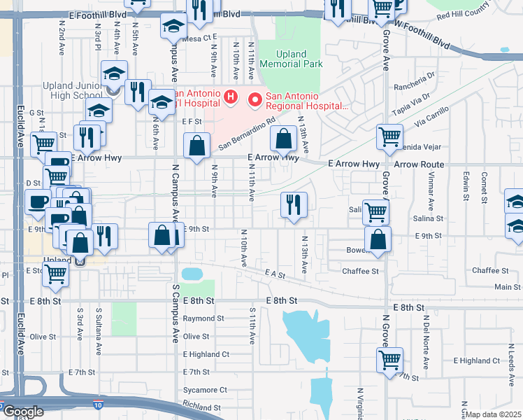 map of restaurants, bars, coffee shops, grocery stores, and more near 278 North 11th Avenue in Upland