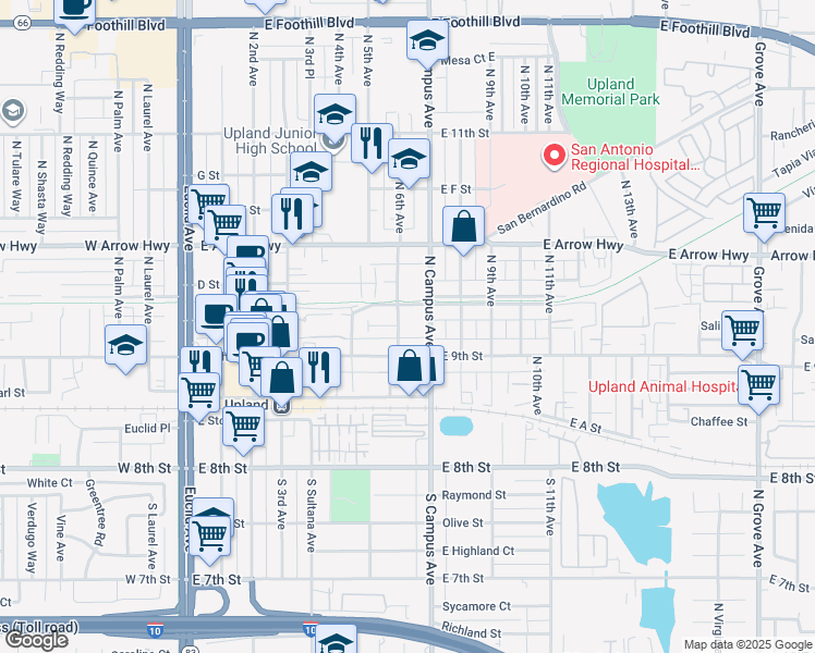 map of restaurants, bars, coffee shops, grocery stores, and more near 298 North 6th Avenue in Upland