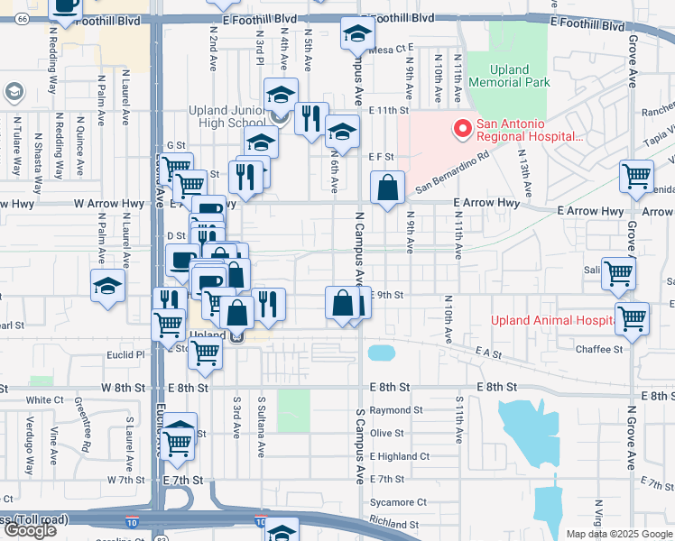 map of restaurants, bars, coffee shops, grocery stores, and more near 298 North 6th Avenue in Upland