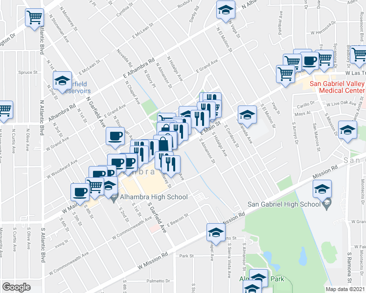 map of restaurants, bars, coffee shops, grocery stores, and more near 412 East Main Street in Alhambra