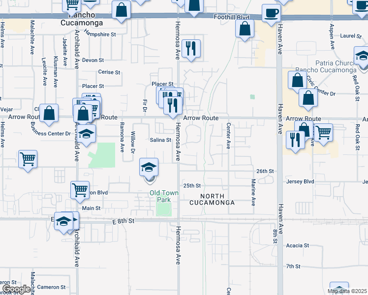 map of restaurants, bars, coffee shops, grocery stores, and more near 10151 Arrow Route in Rancho Cucamonga
