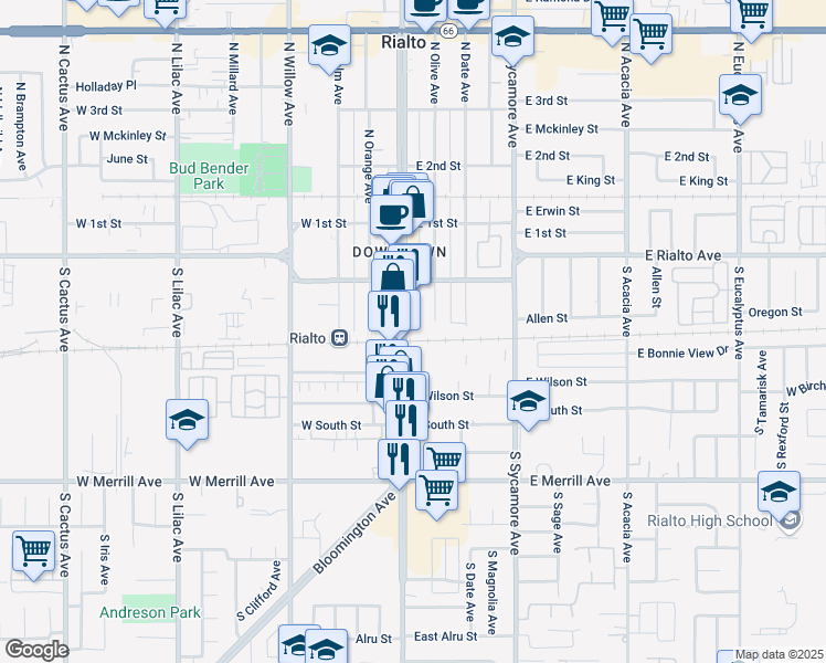 map of restaurants, bars, coffee shops, grocery stores, and more near 300 South Riverside Avenue in Rialto