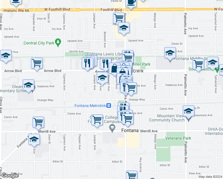 map of restaurants, bars, coffee shops, grocery stores, and more near 8659 Bennett Avenue in Fontana