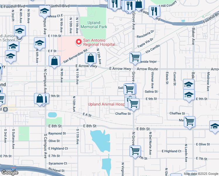 map of restaurants, bars, coffee shops, grocery stores, and more near 1387 East 9th Street in Upland