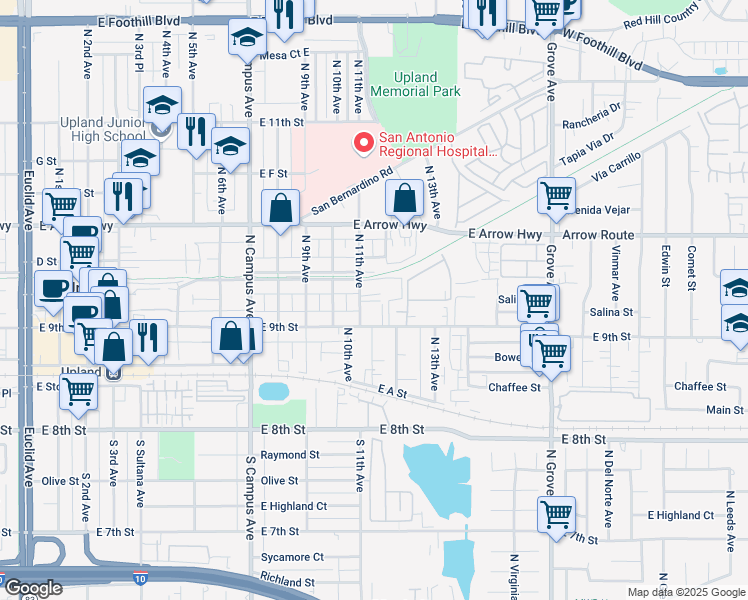 map of restaurants, bars, coffee shops, grocery stores, and more near 1177 East 9th Street in Upland
