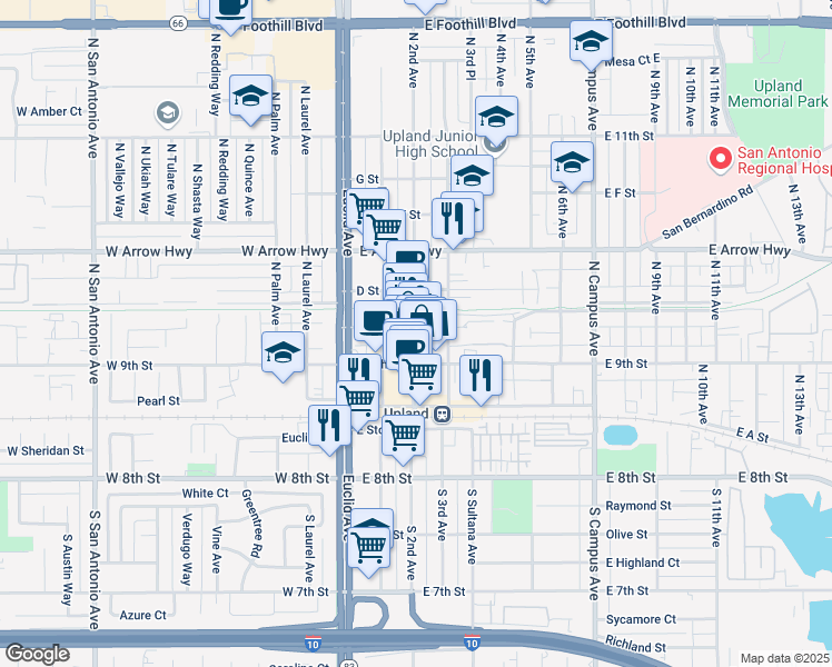 map of restaurants, bars, coffee shops, grocery stores, and more near 220 North 2nd Avenue in Upland