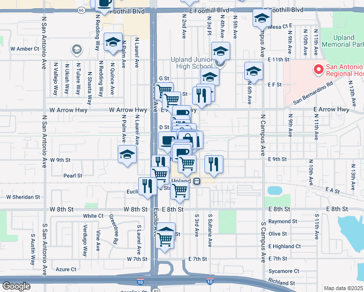map of restaurants, bars, coffee shops, grocery stores, and more near 220 North 2nd Avenue in Upland