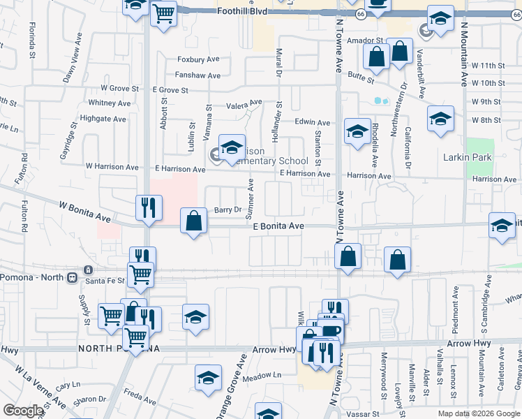 map of restaurants, bars, coffee shops, grocery stores, and more near in Pomona