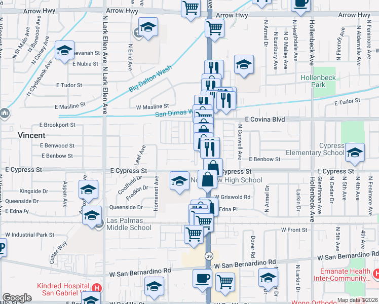 map of restaurants, bars, coffee shops, grocery stores, and more near 955 West Benbow Street in Covina