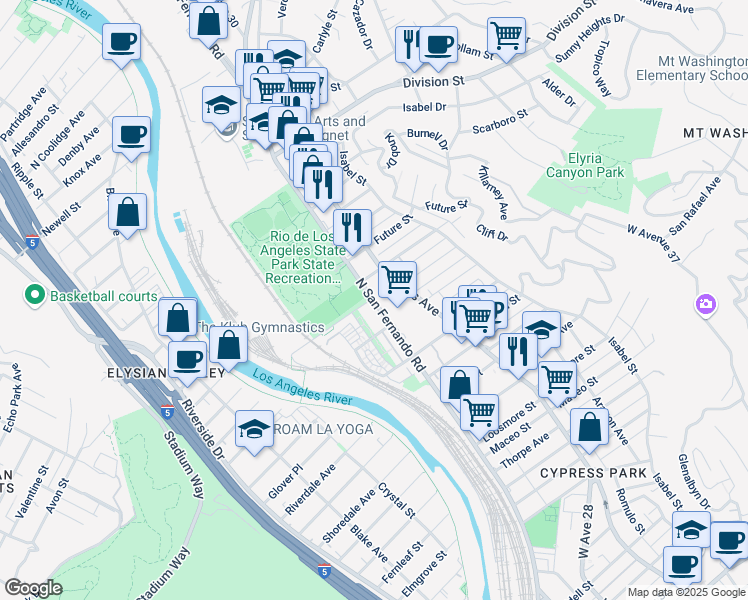 map of restaurants, bars, coffee shops, grocery stores, and more near 1545 North San Fernando Road in Los Angeles