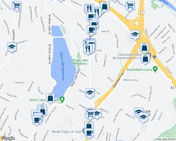 map of restaurants, bars, coffee shops, grocery stores, and more near 2419 Earl Street in Los Angeles
