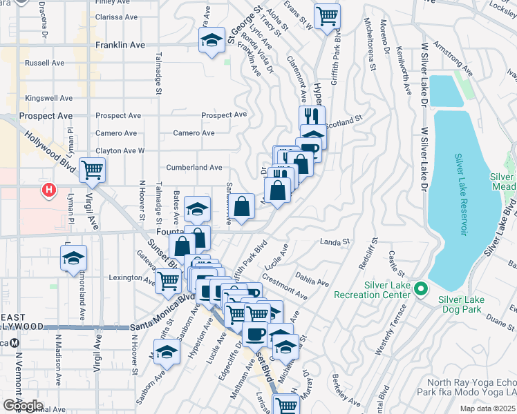 map of restaurants, bars, coffee shops, grocery stores, and more near 3807 Fernwood Avenue in Los Angeles