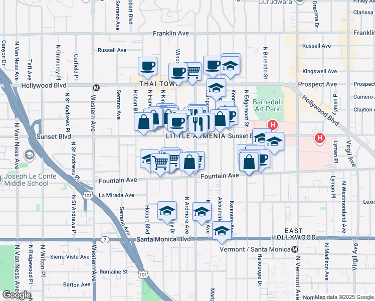 map of restaurants, bars, coffee shops, grocery stores, and more near 1344 North Normandie Avenue in Los Angeles