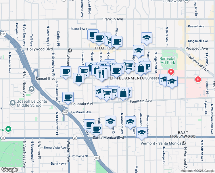 map of restaurants, bars, coffee shops, grocery stores, and more near 1345 North Kingsley Drive in Los Angeles