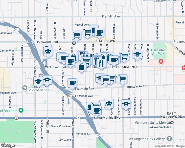 map of restaurants, bars, coffee shops, grocery stores, and more near 1394 North Serrano Avenue in Los Angeles