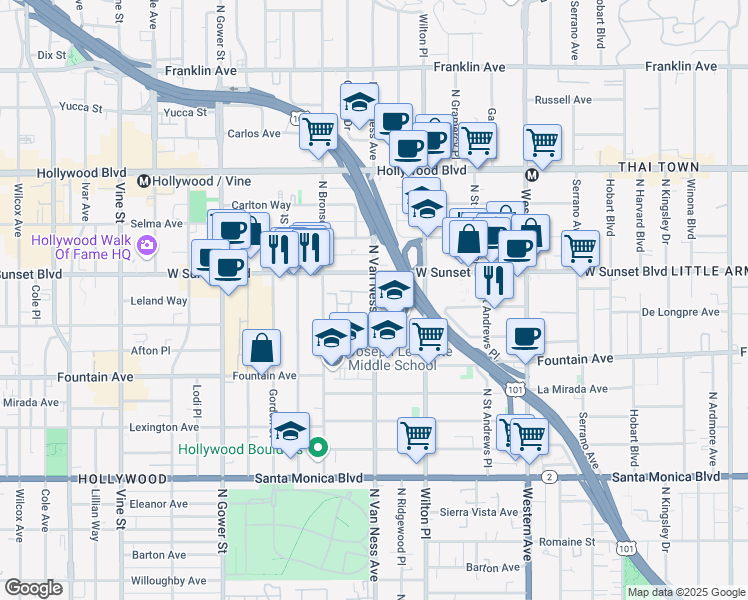 map of restaurants, bars, coffee shops, grocery stores, and more near 5746 Sunset Boulevard in Los Angeles