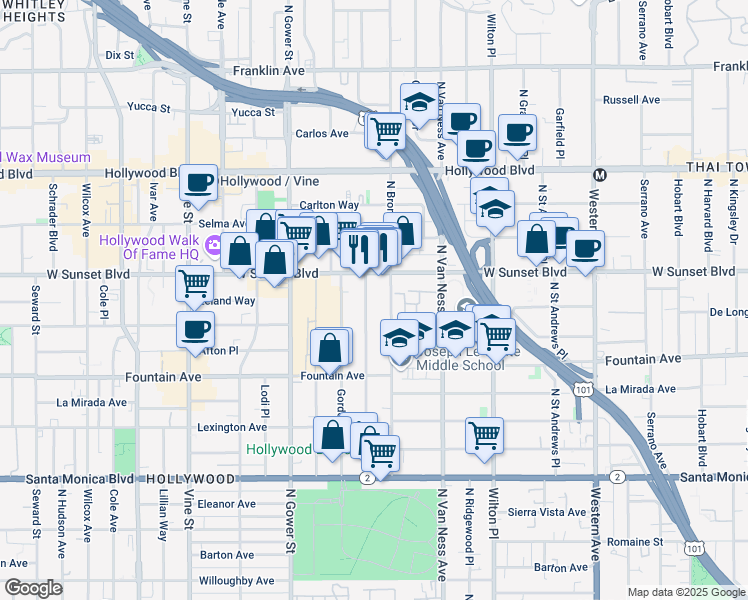 map of restaurants, bars, coffee shops, grocery stores, and more near 1421 North Bronson Avenue in Los Angeles