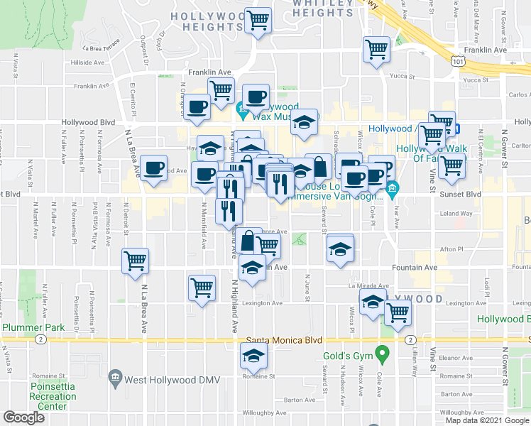 map of restaurants, bars, coffee shops, grocery stores, and more near 1408 North Las Palmas Avenue in Los Angeles
