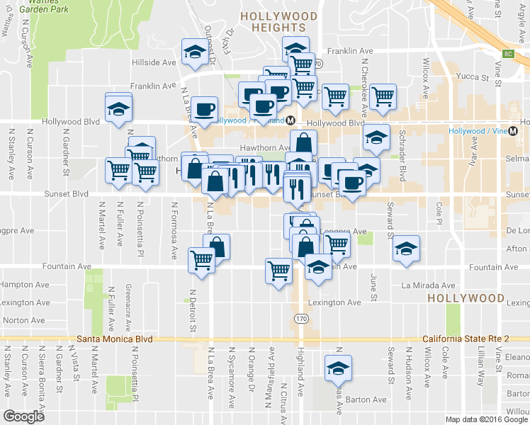 map of restaurants, bars, coffee shops, grocery stores, and more near 1411 North Mansfield Avenue in Los Angeles