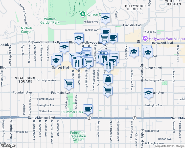 map of restaurants, bars, coffee shops, grocery stores, and more near 1426 North Alta Vista Boulevard in Los Angeles