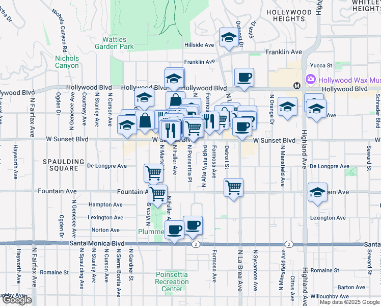 map of restaurants, bars, coffee shops, grocery stores, and more near 1419 North Poinsettia Place in Los Angeles