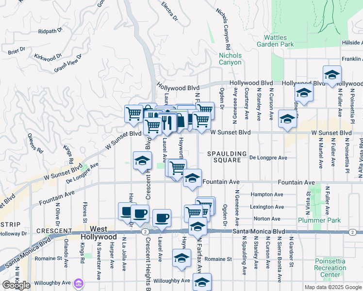 map of restaurants, bars, coffee shops, grocery stores, and more near 1419 North Hayworth Avenue in West Hollywood