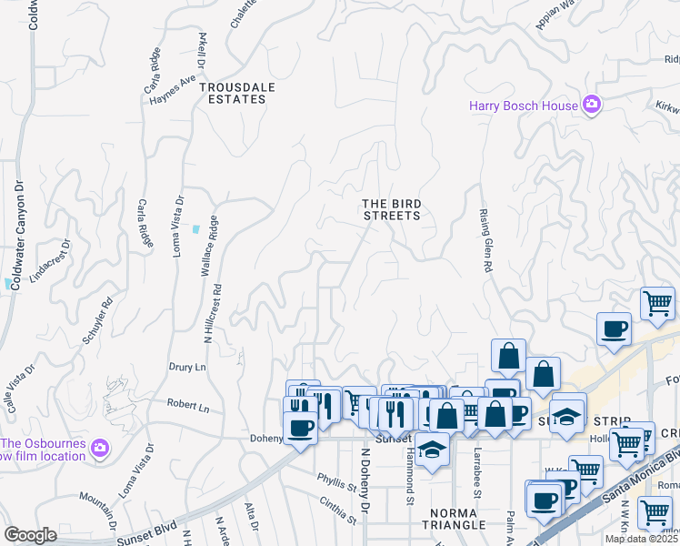 map of restaurants, bars, coffee shops, grocery stores, and more near 1426 Mockingbird Place in Los Angeles