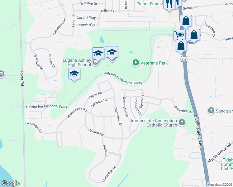 map of restaurants, bars, coffee shops, grocery stores, and more near 7501 Champlain Drive in Wilmington
