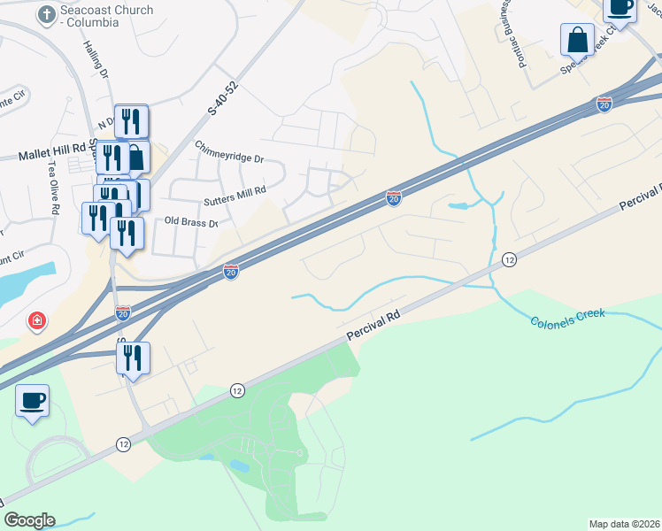 map of restaurants, bars, coffee shops, grocery stores, and more near 4655 Percival Road in Columbia