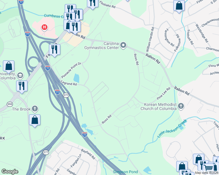 map of restaurants, bars, coffee shops, grocery stores, and more near 2100 Legrand Road in Columbia