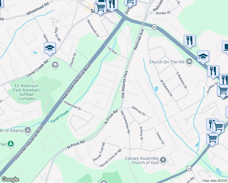 map of restaurants, bars, coffee shops, grocery stores, and more near 1241 Pine Acre Drive Northeast in Sugar Hill