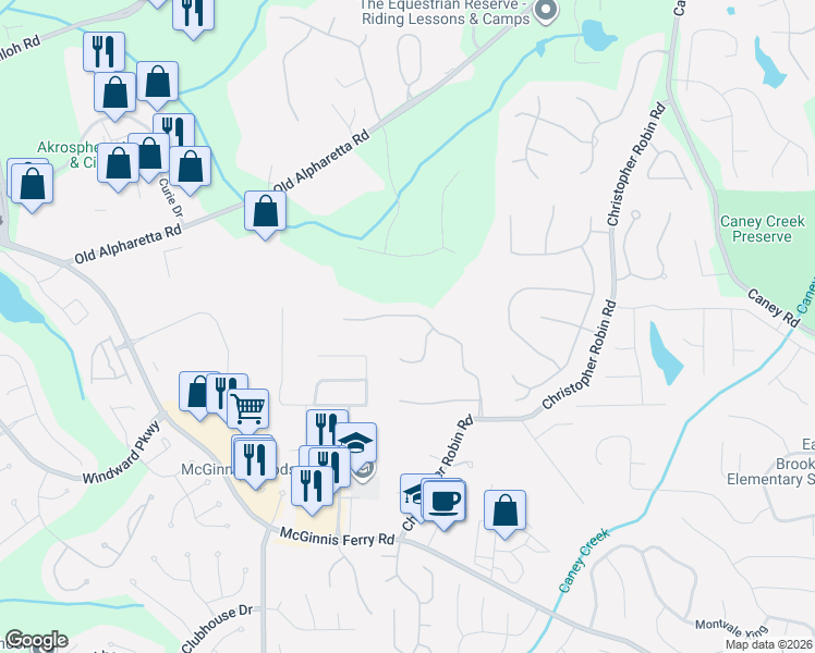 map of restaurants, bars, coffee shops, grocery stores, and more near 1215 Legend Run in Alpharetta