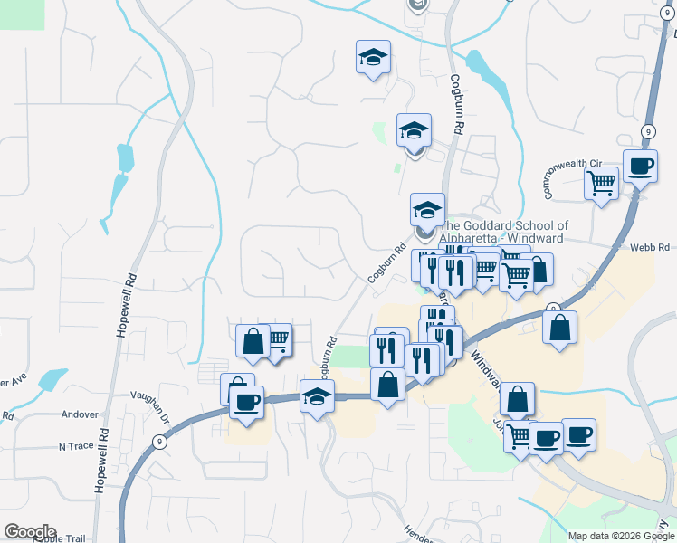 map of restaurants, bars, coffee shops, grocery stores, and more near 430 Aidan Park in Alpharetta