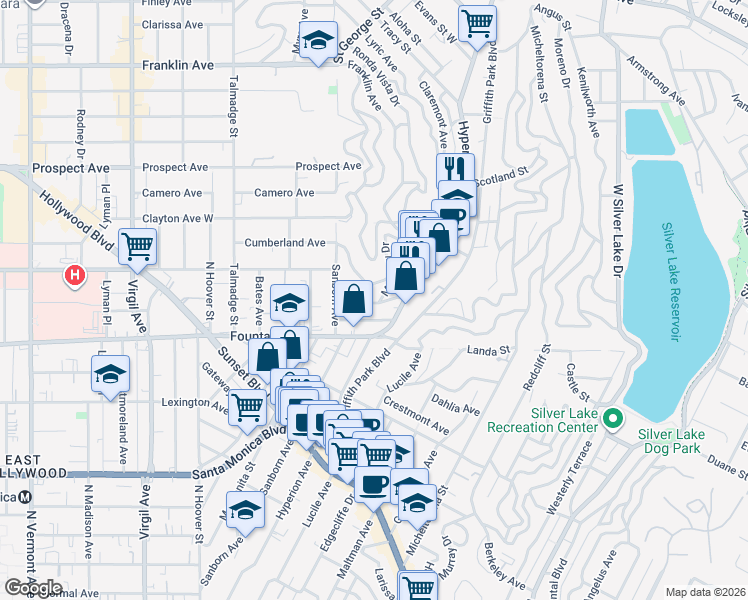 map of restaurants, bars, coffee shops, grocery stores, and more near 3907 De Longpre Avenue in Los Angeles