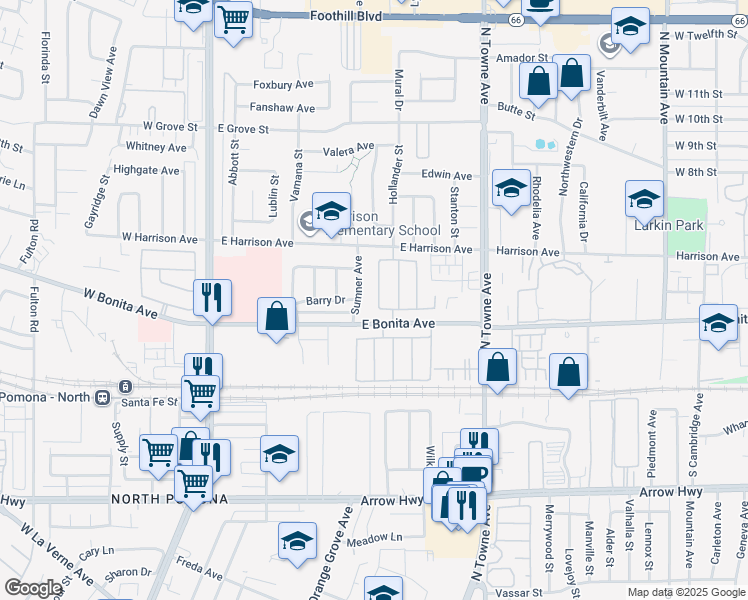 map of restaurants, bars, coffee shops, grocery stores, and more near in Pomona