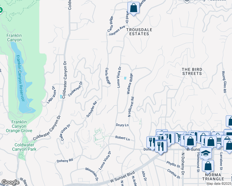 map of restaurants, bars, coffee shops, grocery stores, and more near 1061 Loma Vista Drive in Beverly Hills