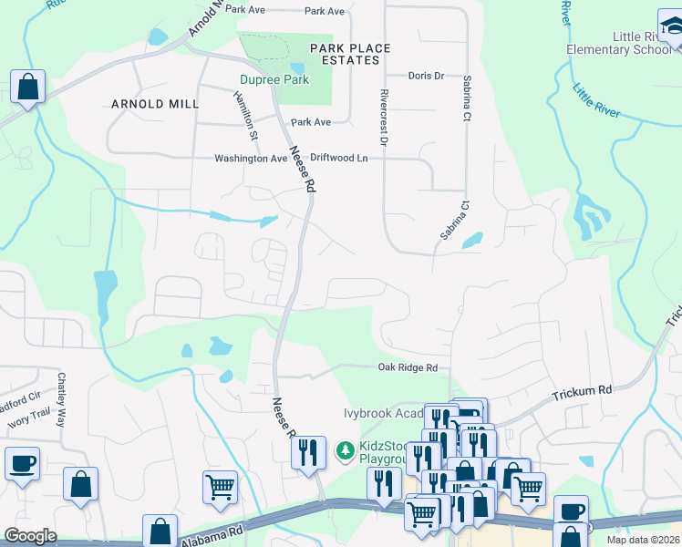 map of restaurants, bars, coffee shops, grocery stores, and more near 115 Neese Farm Drive in Woodstock