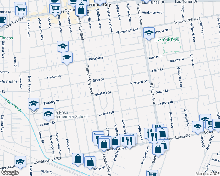 map of restaurants, bars, coffee shops, grocery stores, and more near 5323 Golden West Avenue in Temple City