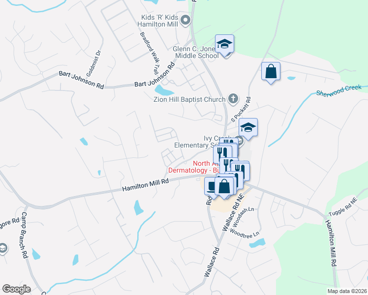 map of restaurants, bars, coffee shops, grocery stores, and more near 3551 Salvia Drive in Buford