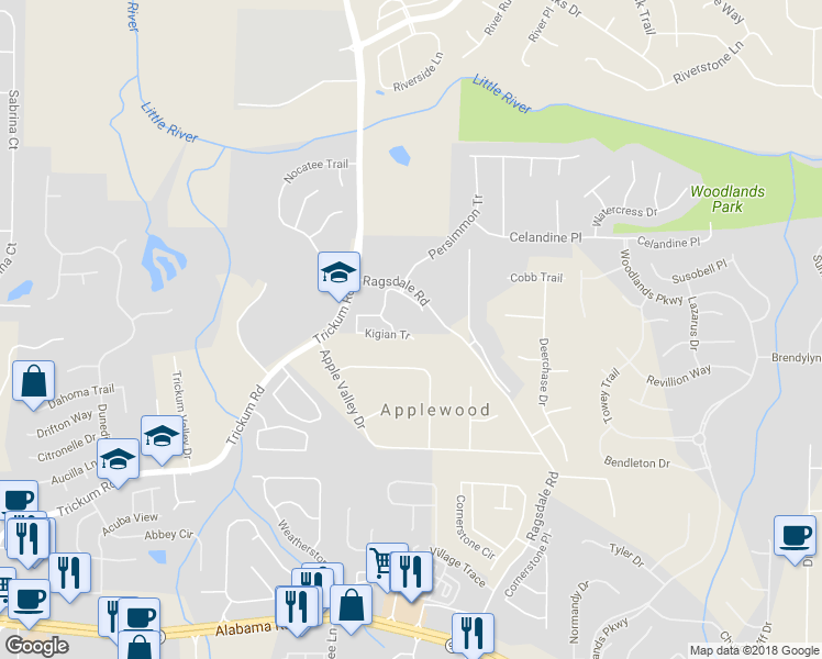 map of restaurants, bars, coffee shops, grocery stores, and more near 289 Kigian Tr in Woodstock