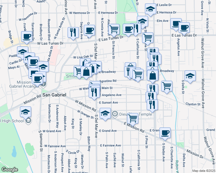 map of restaurants, bars, coffee shops, grocery stores, and more near 215 East Main Street in San Gabriel