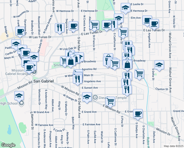 map of restaurants, bars, coffee shops, grocery stores, and more near 227 East Main Street in San Gabriel